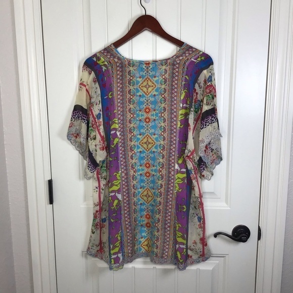 Johnny Was Floral Mixed Medai Split Neck Scallop Hem Georgette Blouse Size Small - Picture 8 of 11